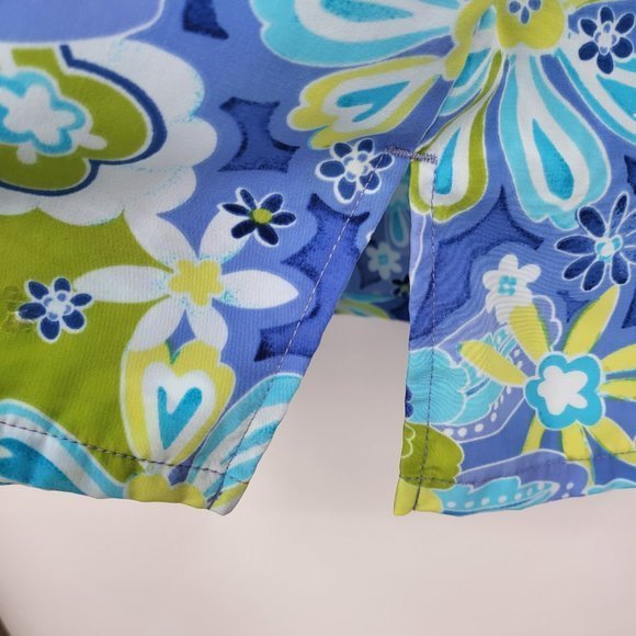 Vintage Scrub Top XL Bright Blue Floral Print Polyester‎ Pockets Silky V Neck - Picture 2 of 4